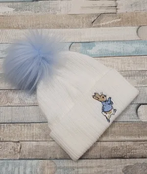 Baby White Knitted Rabbit Hat Blue Single Fluffy Faux fur Pom