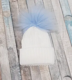 Baby White Knitted Single Blue Fluffy Faux Fur Pom Hat