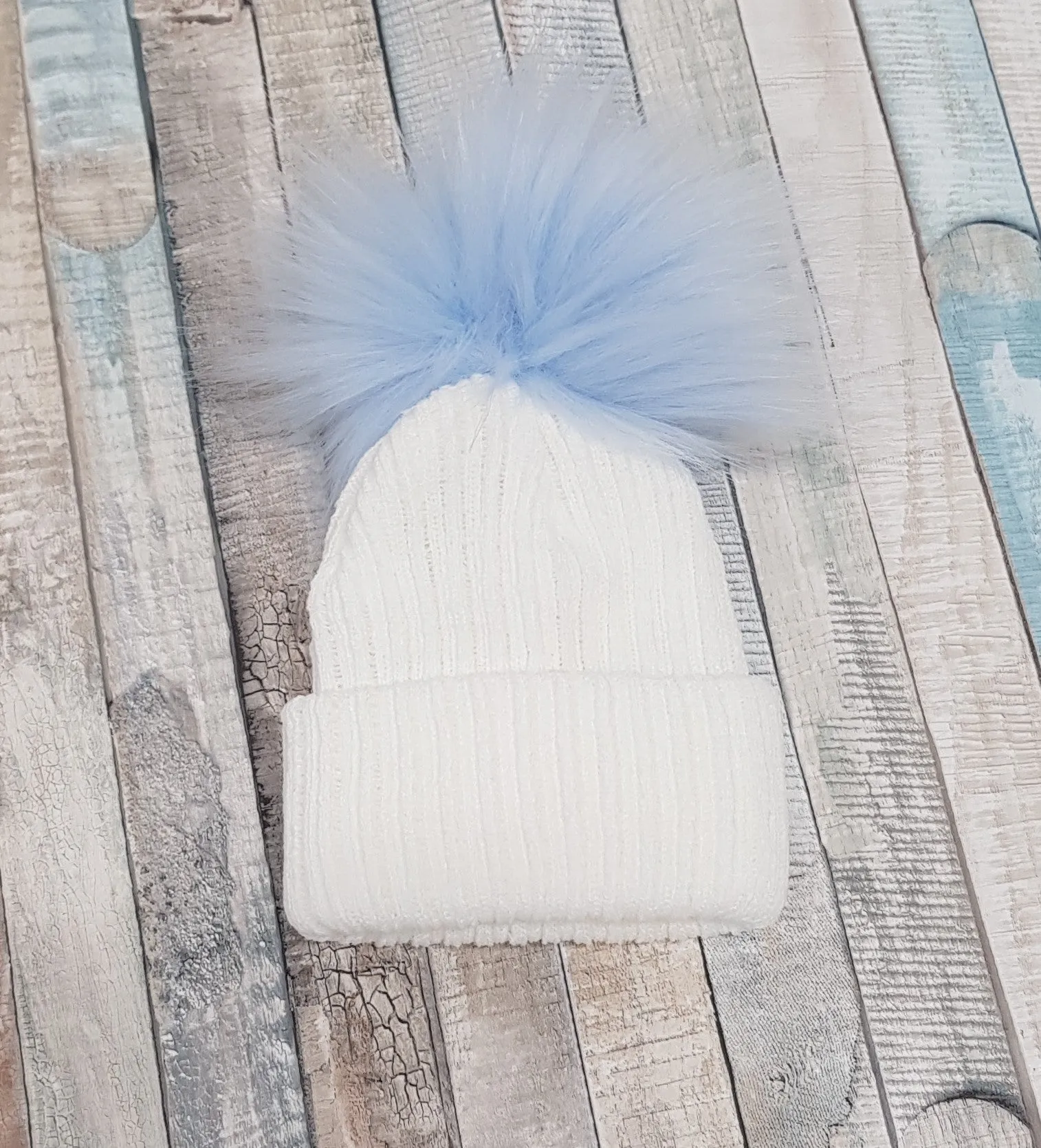 Baby White Knitted Single Blue Fluffy Faux Fur Pom Hat