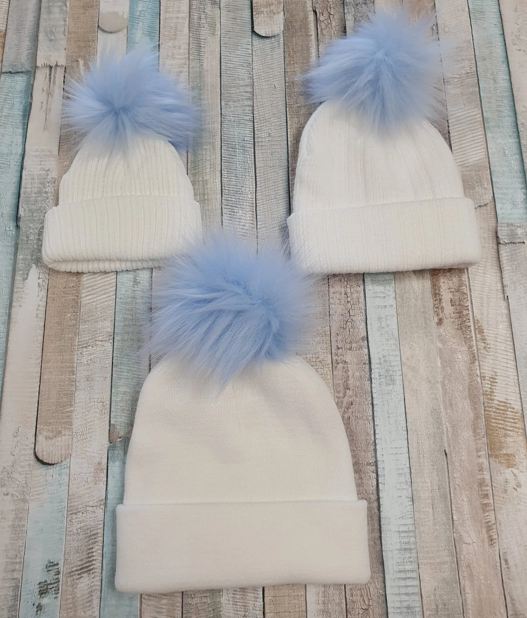 Baby White Knitted Single Blue Fluffy Faux Fur Pom Hat