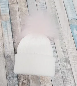 Baby White Knitted Single Pink Fluffy Faux Fur Pom Hat