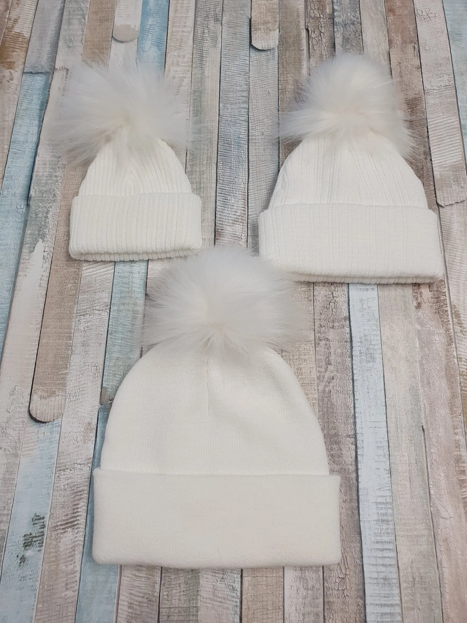 Baby White Knitted Single White Fluffy Faux Fur Pom Hat
