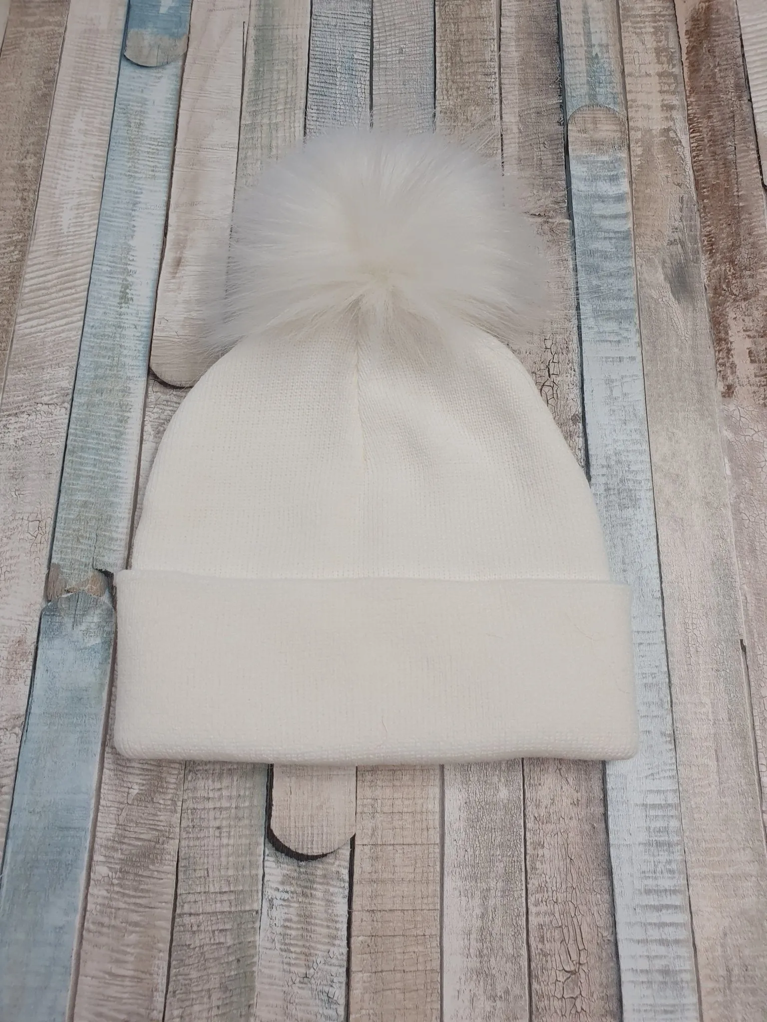 Baby White Knitted Single White Fluffy Faux Fur Pom Hat