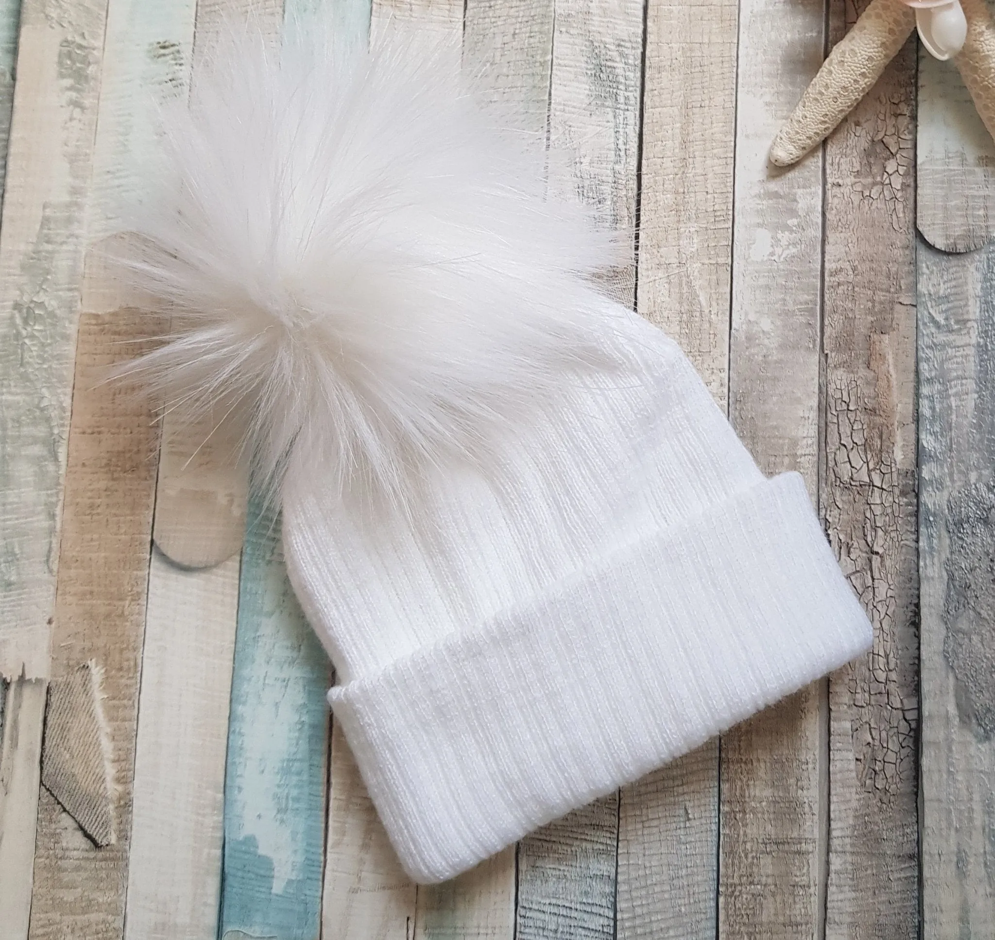 Baby White Knitted Single White Fluffy Faux Fur Pom Hat