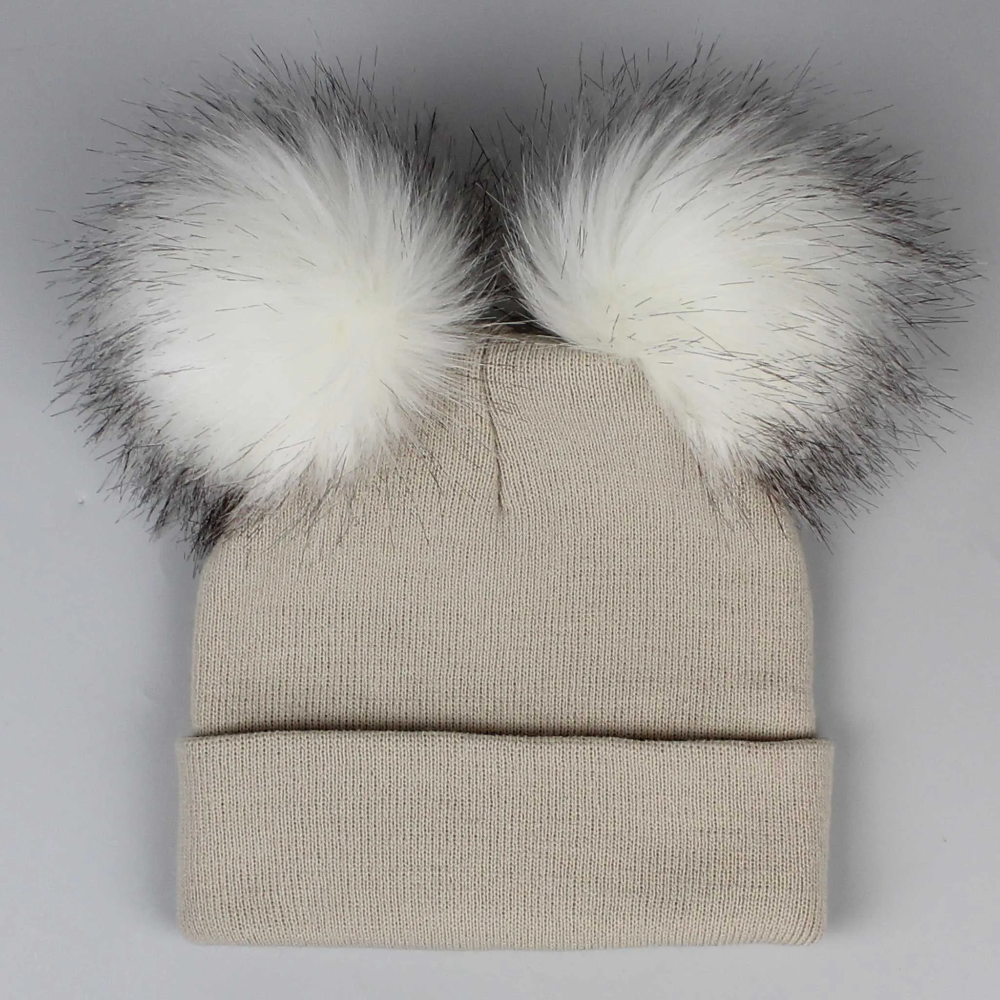 Beige Double Pom Hat - 2 to 6 years