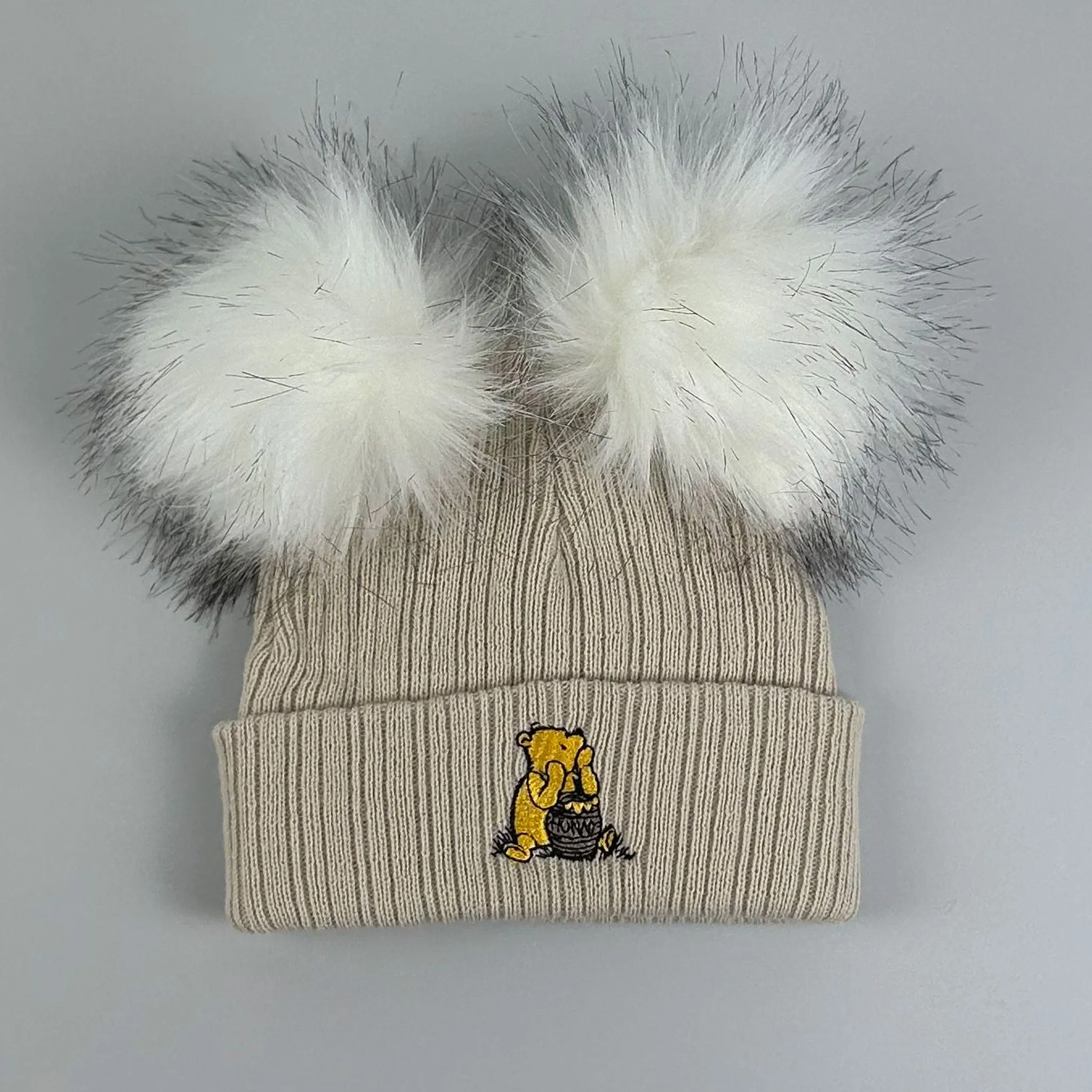 Beige Faux Fur - 2 Pom Pom Hat - Unisex with Bear