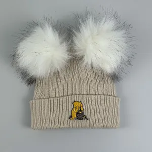 Beige Faux Fur - 2 Pom Pom Hat - Unisex with Bear