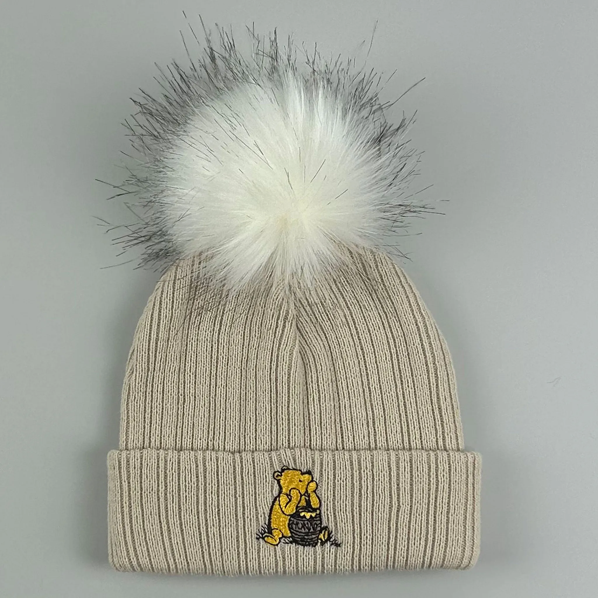 Beige Faux Fur Baby Pom Pom Hat - Unisex with Bear