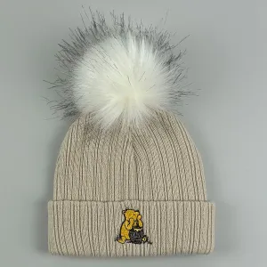Beige Faux Fur Baby Pom Pom Hat - Unisex with Bear
