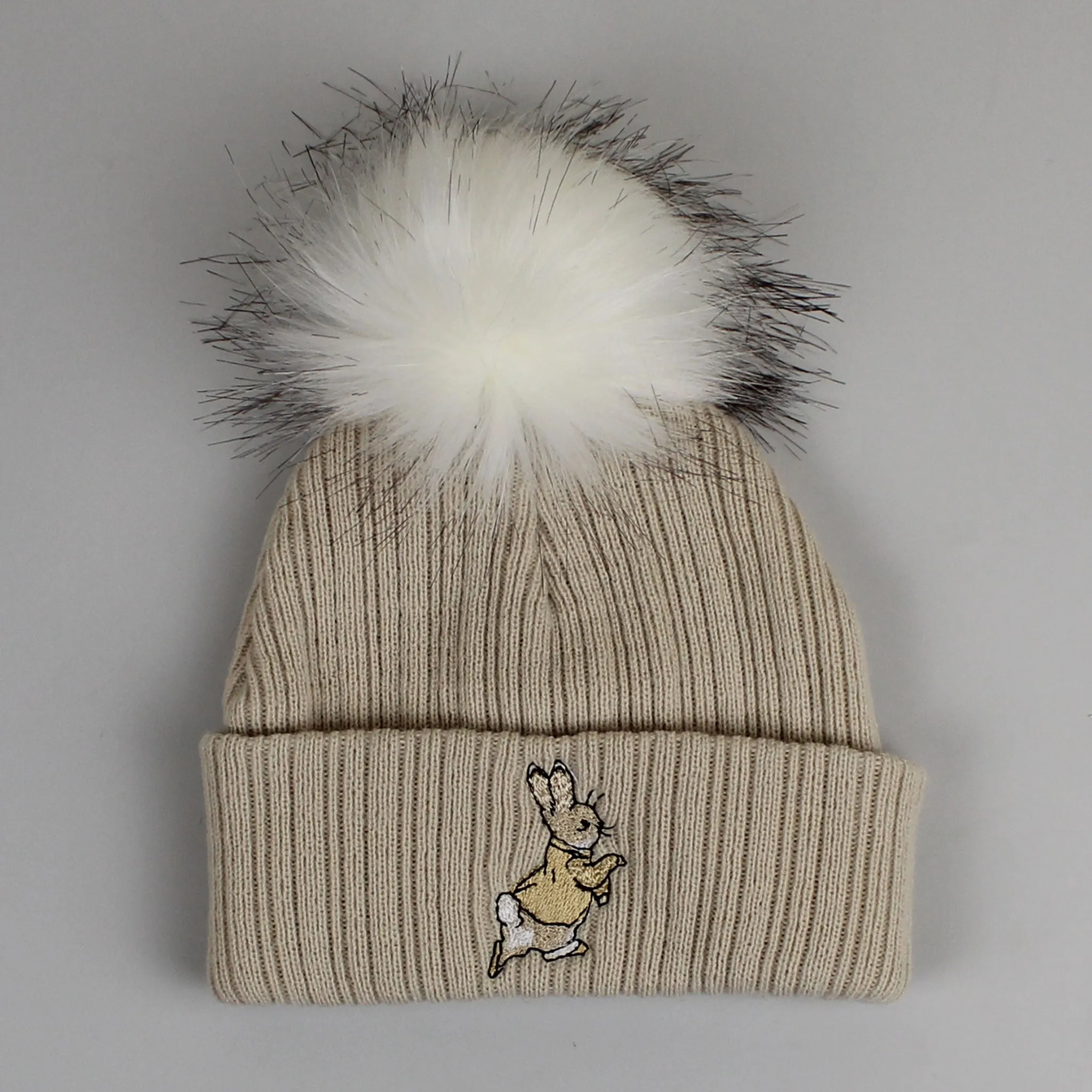 Beige Faux Fur Baby Pom Pom Hat - Unisex with Rabbit