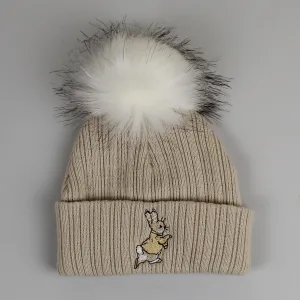 Beige Faux Fur Baby Pom Pom Hat - Unisex with Rabbit