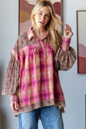 Berry Plaid   Contrast Sleeve Cotton Flannel Shirt