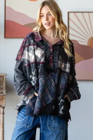 Black Bleach Mix Flannel Button Pullover