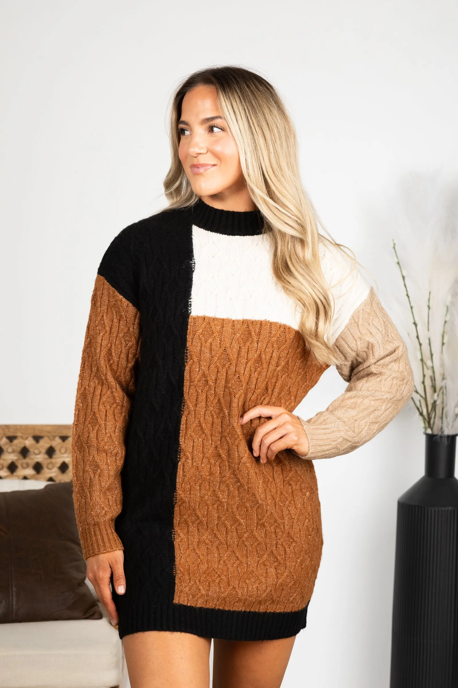 Black Colorblock Long Sleeve Sweater Dress