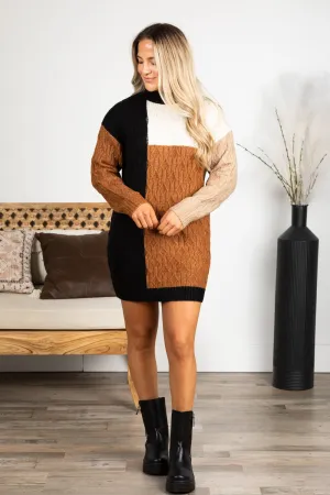 Black Colorblock Long Sleeve Sweater Dress