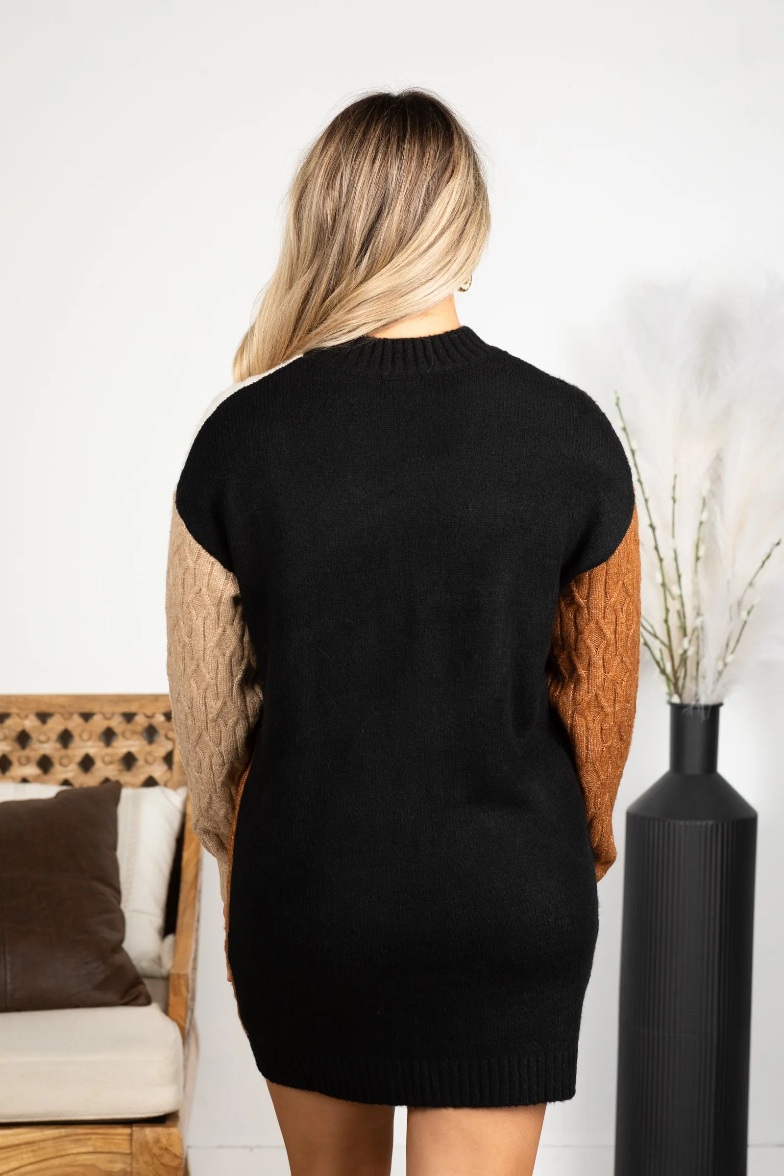 Black Colorblock Long Sleeve Sweater Dress