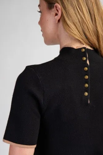 Black Mock Neck Sweater Dress with Contrast Faux Pocket Stitch
