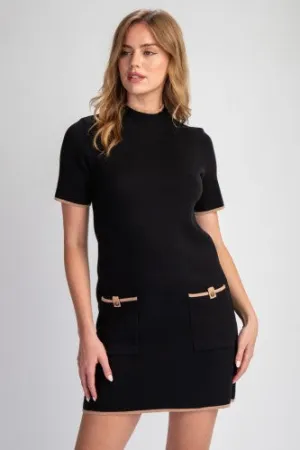 Black Mock Neck Sweater Dress with Contrast Faux Pocket Stitch