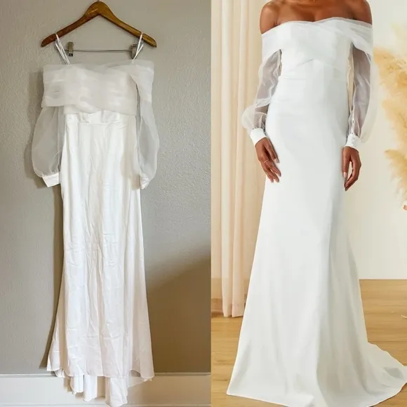 Blissfully Loved White Satin Organza Off-the-Shoulder Maxi Dress