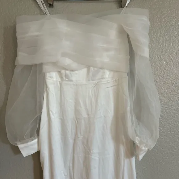 Blissfully Loved White Satin Organza Off-the-Shoulder Maxi Dress