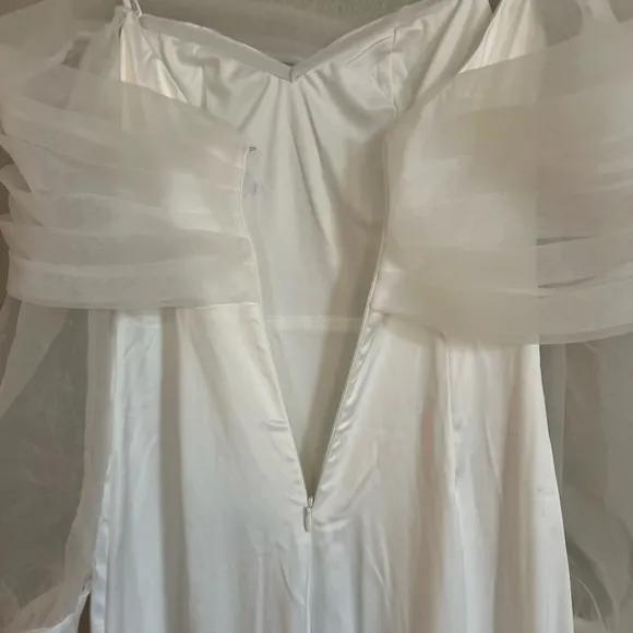 Blissfully Loved White Satin Organza Off-the-Shoulder Maxi Dress