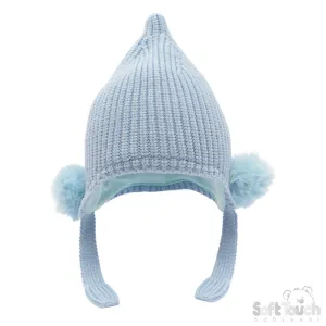 Blue Chenille Knit Hat w/Faux Fur Pom  Poms (NB-12 Months) H642-B-SM