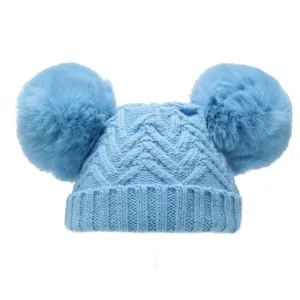 Blue 'Chevron' Knit Double Pom Pom Hat w/Cotton Lining  (0-6 Months) H630-B-SM