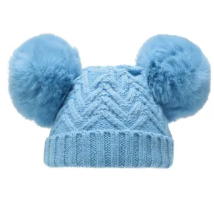 Blue 'Chevron' Knit Double Pom Pom Hat w/Cotton Lining  (6-18 Months) H632-B-MED