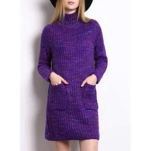 Brief Turtleneck Colormix Long Sleeve Sweater Dress For Women - Purple One Size(fit Size Xs To M)
