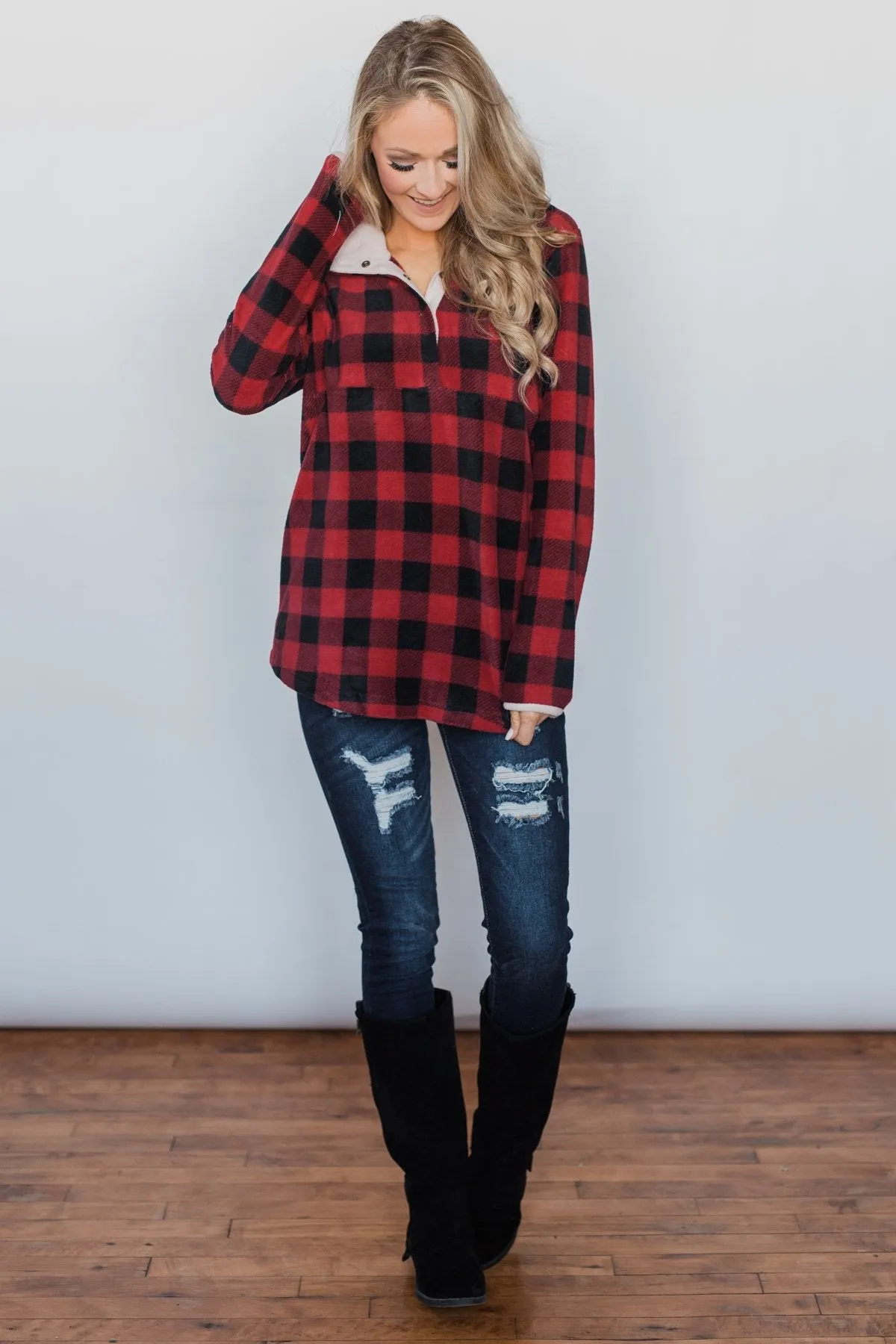 Buffalo Plaid Fleece Pullover- Red & Black