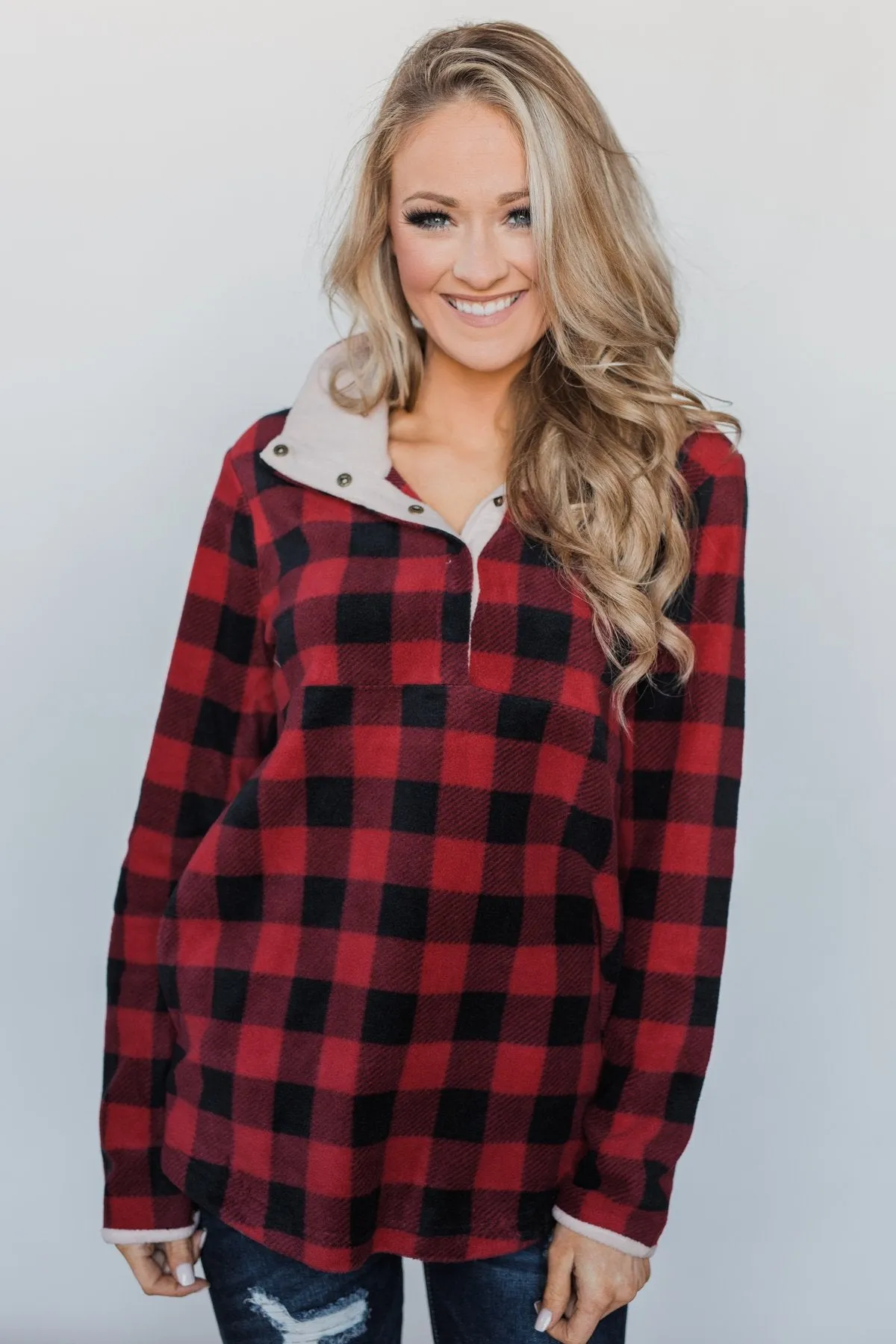 Buffalo Plaid Fleece Pullover- Red & Black