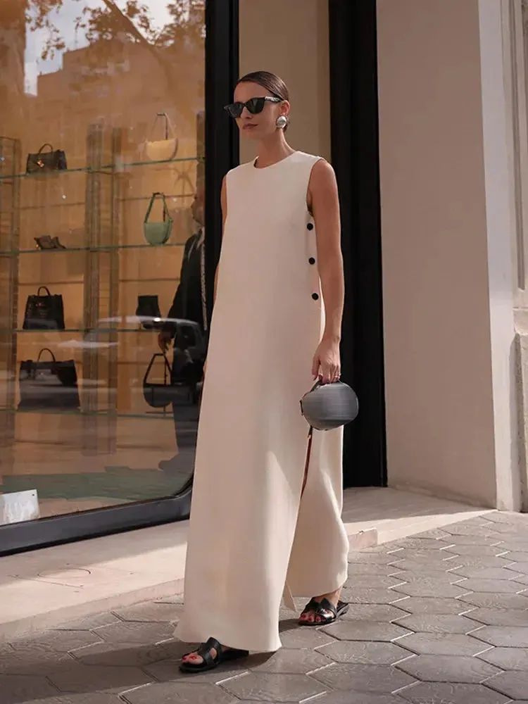 Button Side Split Sleeveless Women's Dress Elegant Solid O-Neck Loose Long Robe Summer Boho Vacation Party Dress