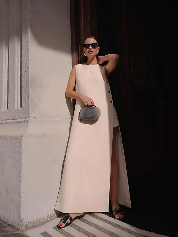 Button Side Split Sleeveless Women's Dress Elegant Solid O-Neck Loose Long Robe Summer Boho Vacation Party Dress