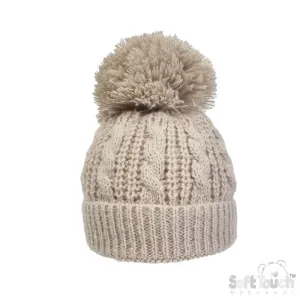 Cable Knit Pom Pom Turnover Hat - Biscuit (NB-12m) (PK6) H16-BI