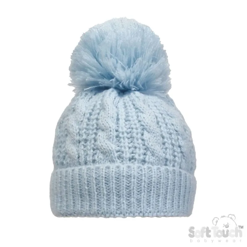 Cable Knit Pom Pom Turnover Hat - Blue (NB-12m) (PK6) H16-B