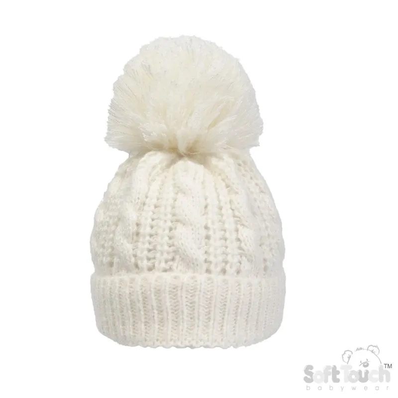Cable Knit Pom Pom Turnover Hat - Cream (NB-12m) (PK6 H16-C
