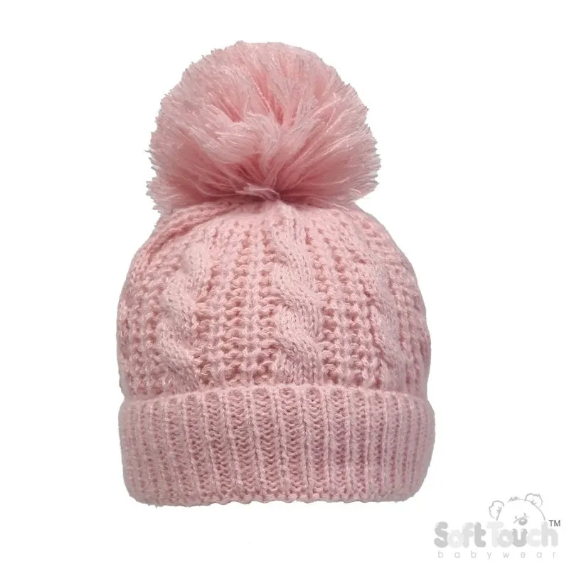 Cable Knit Pom Pom Turnover Hat - Dusty Pink (NB-12m) (PK6) H16-DP
