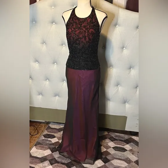 Cache elegant silk Two Piece Evening Gown Dress Beaded Top &amp; Matching Maxi Skirt