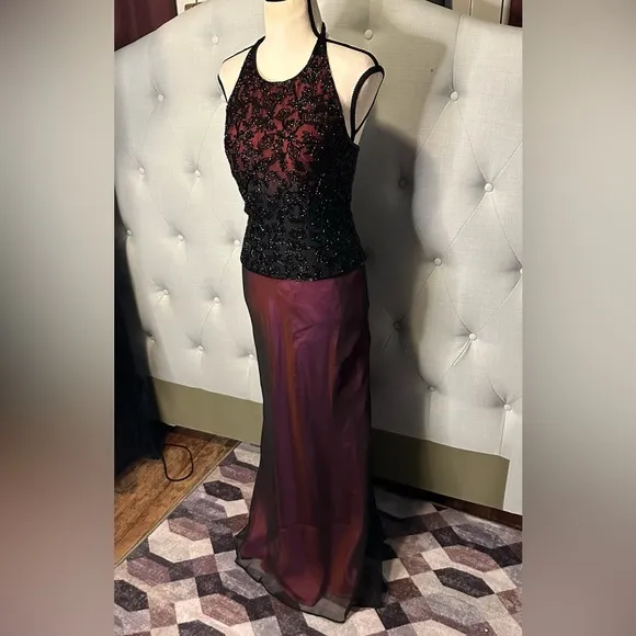 Cache elegant silk Two Piece Evening Gown Dress Beaded Top &amp; Matching Maxi Skirt