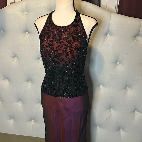 Cache elegant silk Two Piece Evening Gown Dress Beaded Top &amp; Matching Maxi Skirt