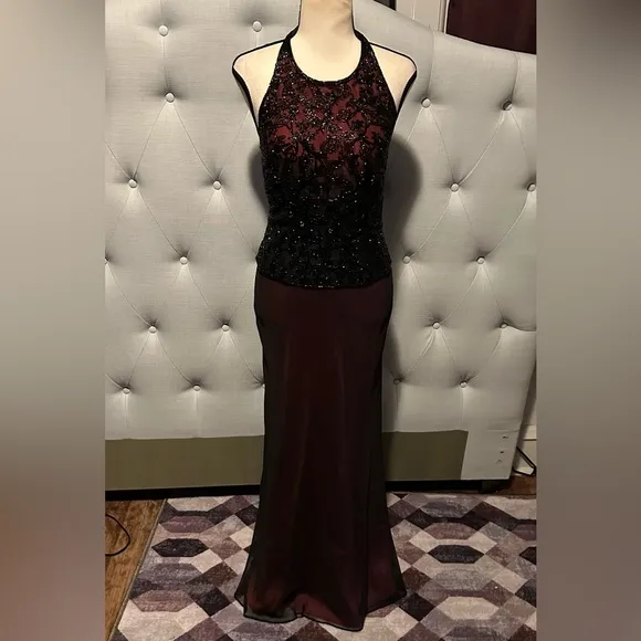 Cache elegant silk Two Piece Evening Gown Dress Beaded Top &amp; Matching Maxi Skirt