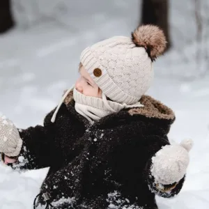 Calikids Cotton Knit Hat Pompom--Beige