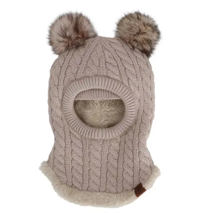 Calikids W2403 Soft Touch Knit Pom-Pom Balaclava (Beige)