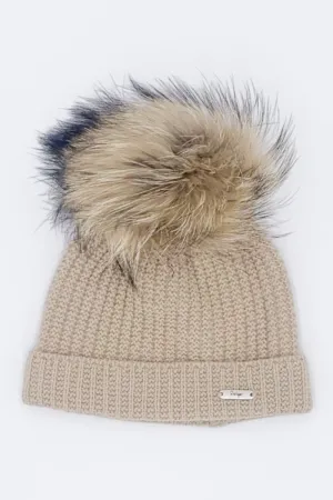 Camel Knit Faux Fur Pom Pom Hat