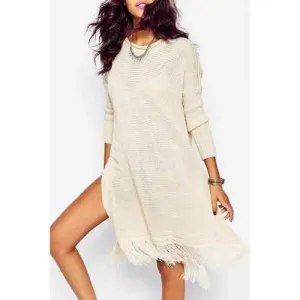 Casual Jewel Neck Solid Color Side High Slit Tassel Hem Sweater Dress For Women - Off-white One Size(fit Size Xs To M)