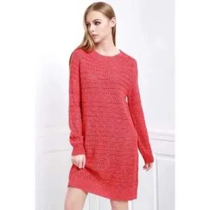 Casual Round Neck Long Sleeve Loose-Fitting Women's Sweater Dress - Red One Size(fit Size Xs To M)
