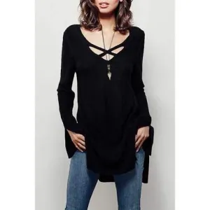 Casual V-Neck Long Sleeve Side Slit Women's Sweater Dress - Black M