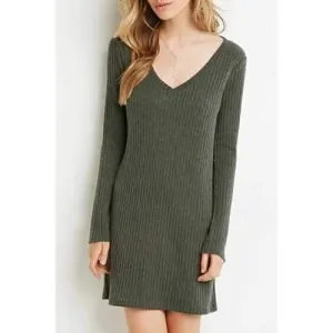 Casual V-Neck Long Sleeve Solid Color Women's Sweater Dress - Olive Green S
