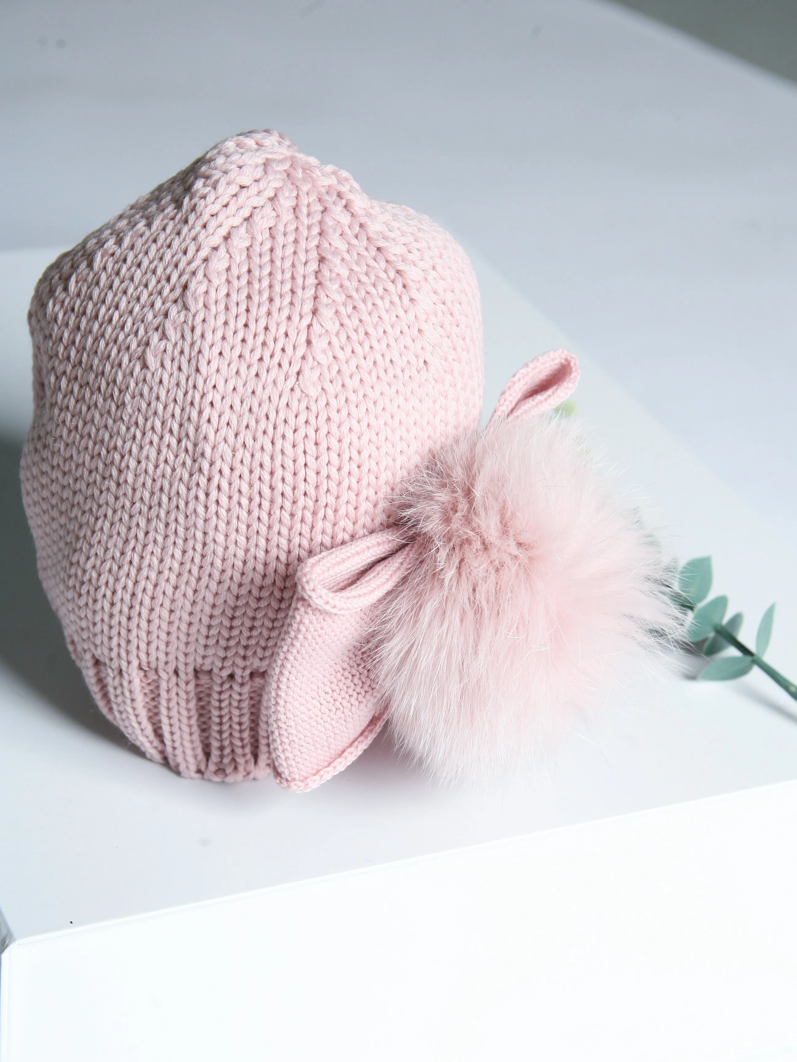 Catya Dusky Pink Marino Wool Hat with Fur Pom & Bow