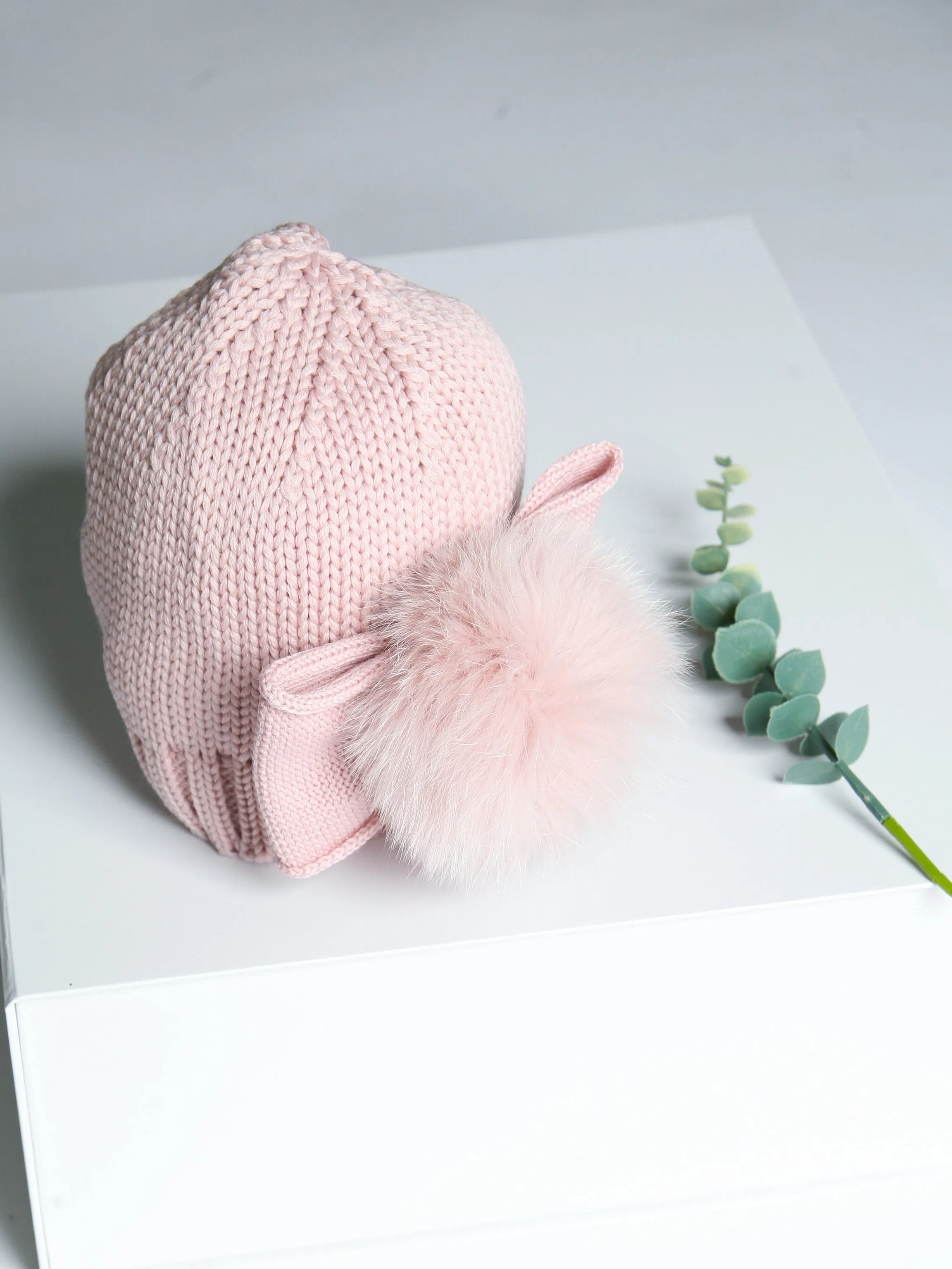Catya Dusky Pink Marino Wool Hat with Fur Pom & Bow